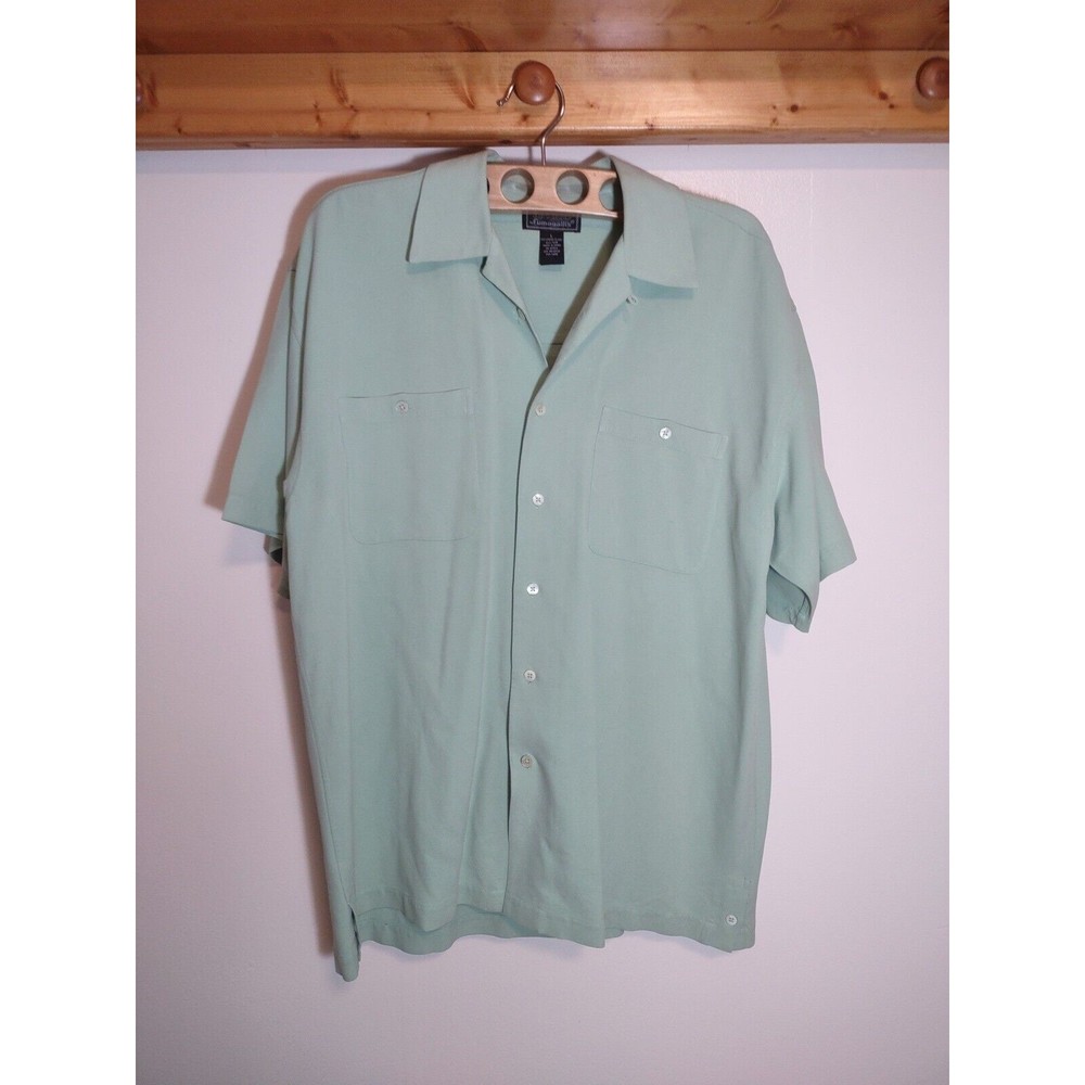 Studio By Fumagallis Men's L Silk Green Shirt Button Front Short Sleeve Beach
